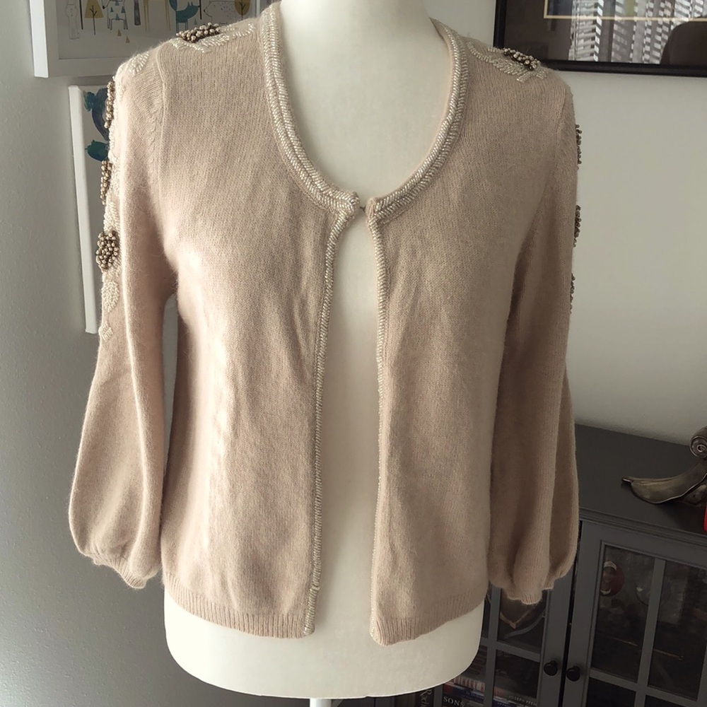 Darling Angora Blend Beaded Sweater - Tan- Size L